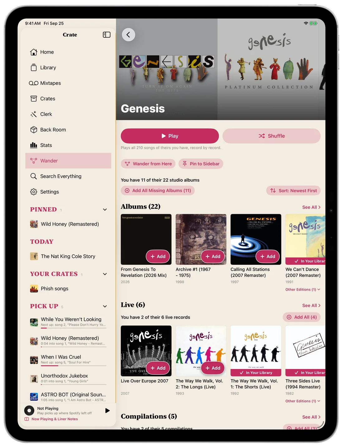 The Genesis artist page on iPad with rows of Albums and Live records, some marked In Your Library and others with an Add button