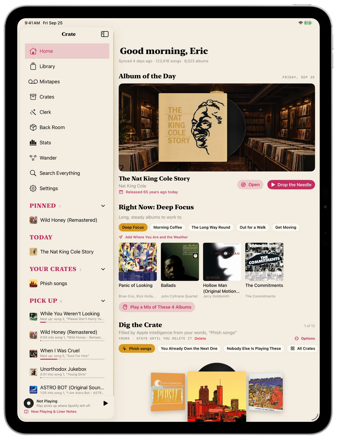 Crate on iPad: the Home screen with Album of the Day, a painted record room, and the sidebar of crates and pinned records