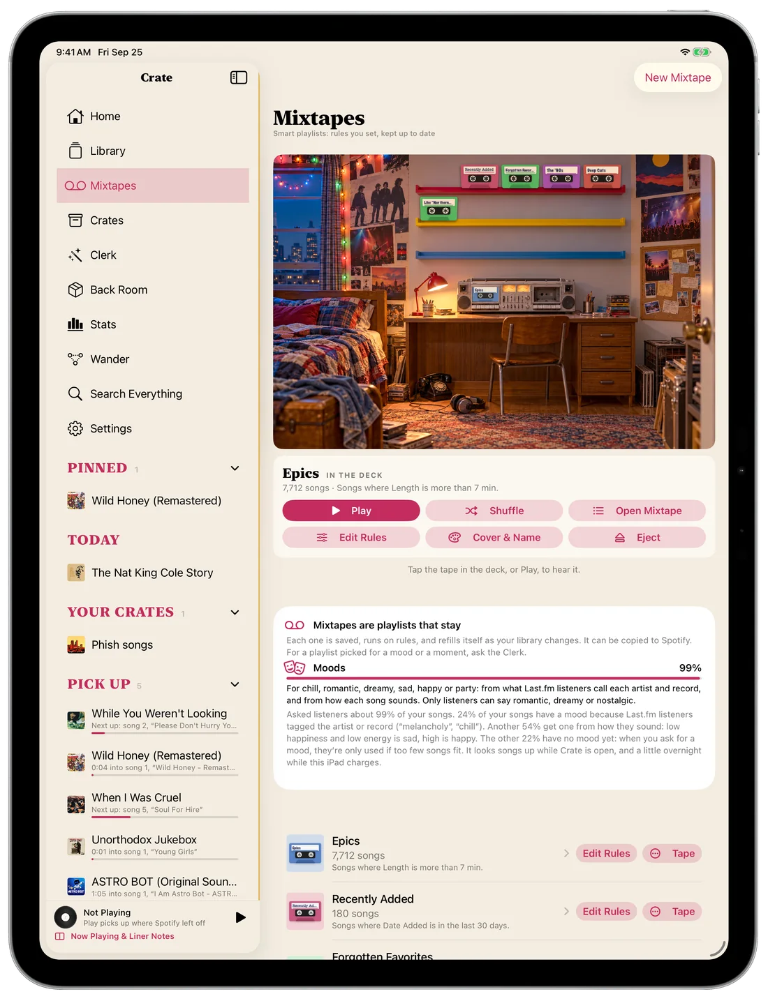 The Mixtapes room on iPad: a painted bedroom with a tape deck, a shelf of cassettes and a panel of controls