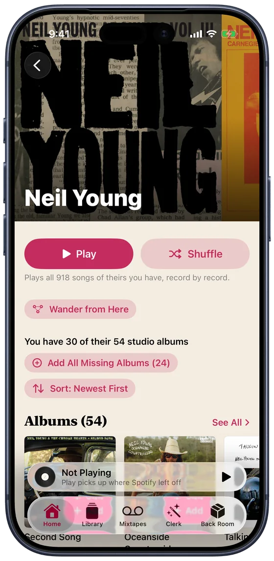 The Neil Young artist page on iPhone: You have 30 of their 54 studio albums