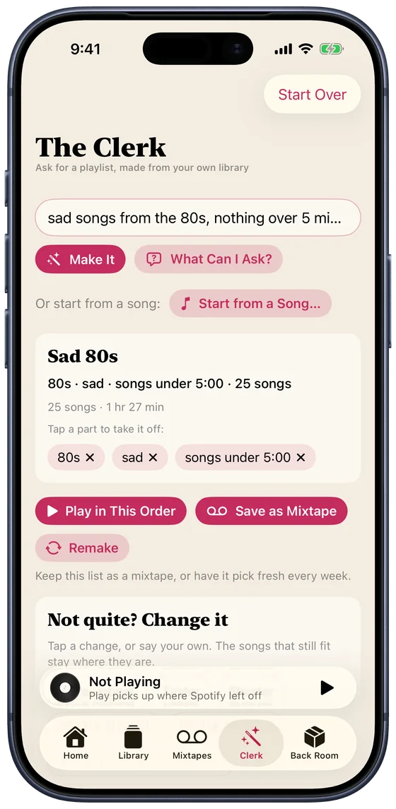 The Clerk on iPhone reading a request into the parts 80s, sad and songs under five minutes