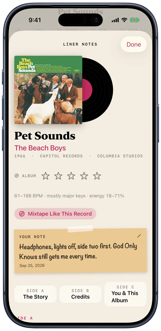 Liner notes for Pet Sounds on iPhone: the record, your handwritten note, and sides for the story, credits, and you and this album