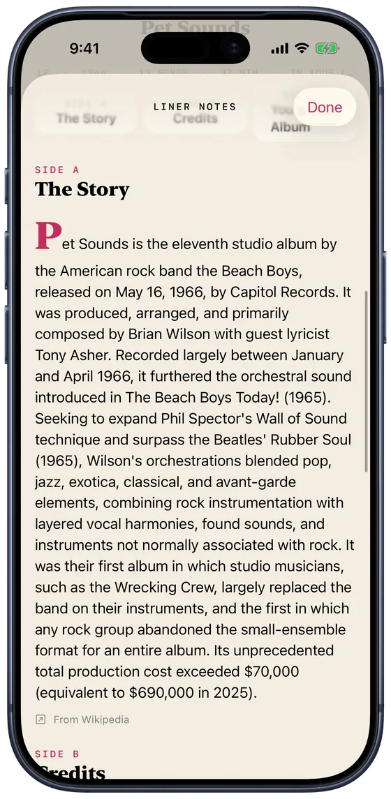 Side A of the liner notes: the story of Pet Sounds, from Wikipedia