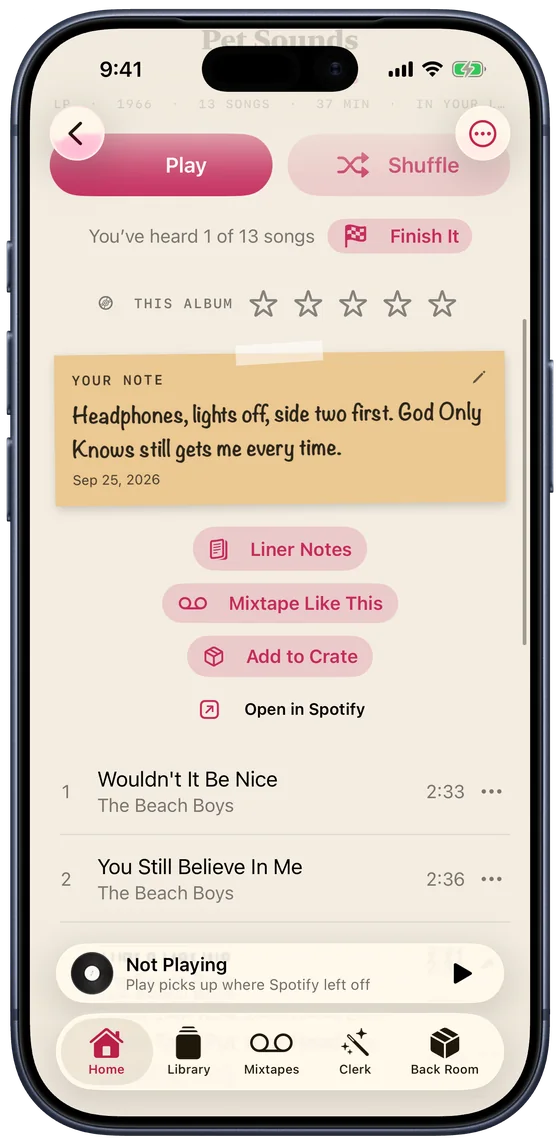 Pet Sounds on iPhone with a note written on the sleeve: Headphones, lights off, side two first